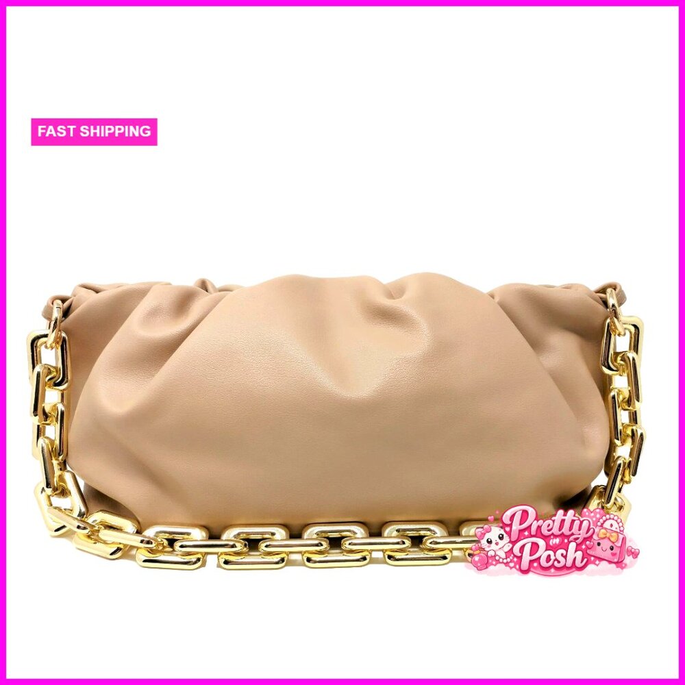 Faux Leather Ruched Chain Link Shoulder Handbag Clutch Purse